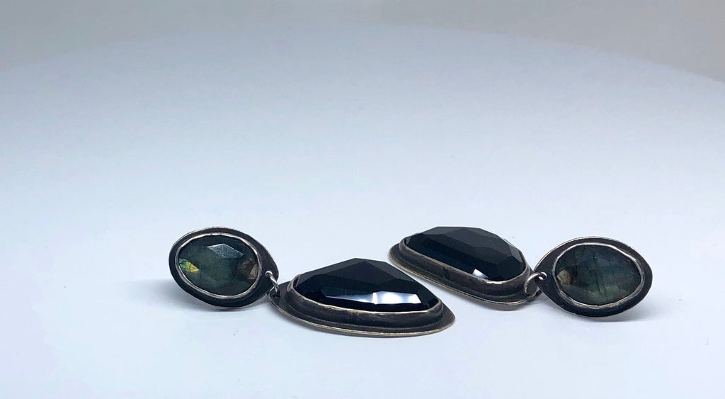 one of a kind earrings, labradorite earrings, large dangle earrings, stone earrings, sterling silver jewelry, handmade earrings, obsidian earrings 