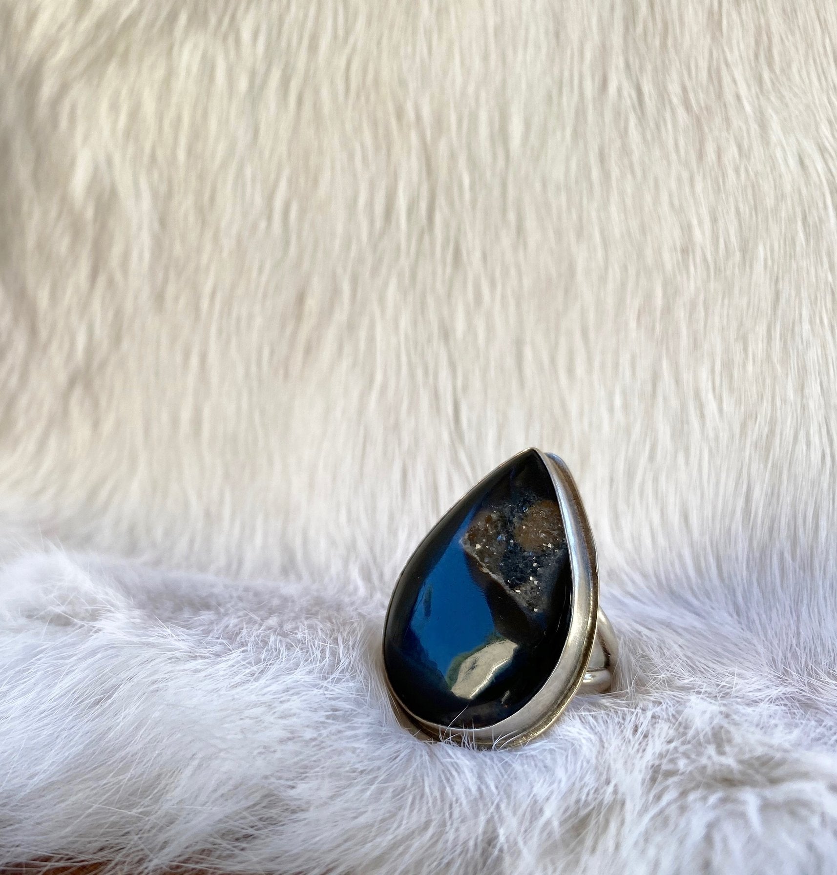 black onyx ring onyx druzy stone ring sterling silver ring  small batch jewelry