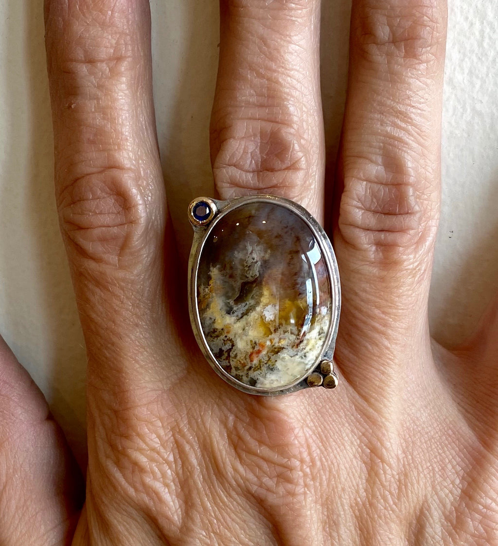 blue sapphire ring, statement ring, sterling silver ring, yellow agate, one of a kind ring, gemstone ring
